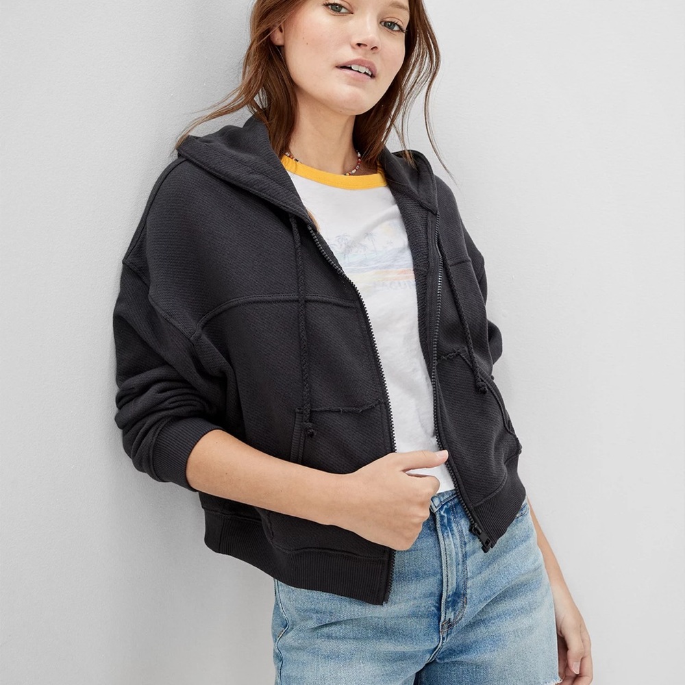 AMERICAN EAGLE WOMENS SEMI CROPPED GRAY BOMBER HOODIE SWEATSHIRT XXL